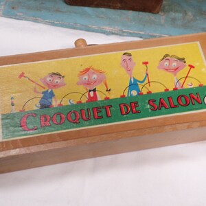 Jeu de croquet miniature vintage français en bois avec boîte d'origine s227 image 2