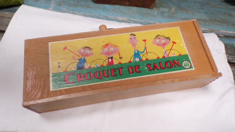 Jeu de croquet miniature vintage français en bois avec boîte d'origine s227 image 2