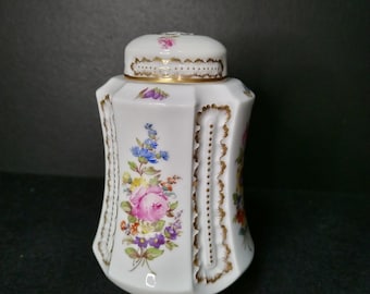 Boîte à thé florale antique en porcelaine peinte à la main, France (x379)