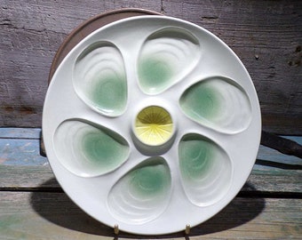 French Vintage Salins Olive Green & Yellow Light Grey Faience Oyster Plate s705