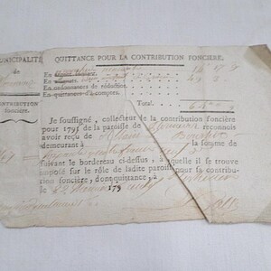 Ancien document juridique Reçu fiscal local 1 page daté 1795 v878 image 1