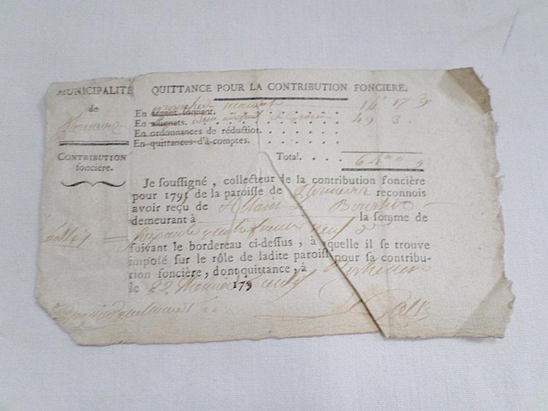 Ancien document juridique Reçu fiscal local 1 page daté 1795 v878 image 1