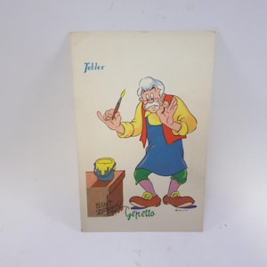 Carte postale vintage Walt Disney des années 60, Gepetto Pinocchio, France, cacao, chocolat Tobler (t424)