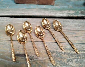 Set of 6 French Vintage Gold Tone Moka / Demitasse Spoons Louis XV style marked SFAM (x204)