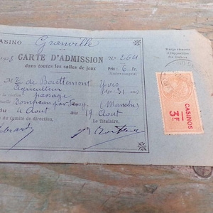 フランスのアンティークカジノグランヴィルノルマンディーのすべてのゲームルームへの入場カード 1923年 (s944)