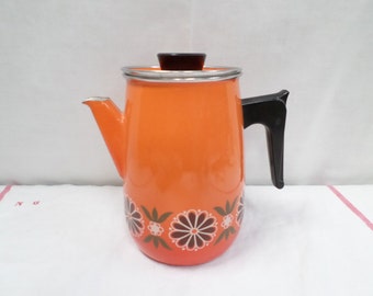 Vintage French Enamelware Coffee pot / Kettle Orange Floral 70s Aubecq w532