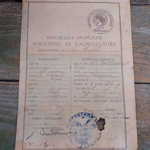 Licencia de caza antigua francesa de 1924 (s941)