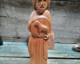 French Wooden Sculpture Statue Saint Yann (Saint Jean agneau) signed M Le Goff x195