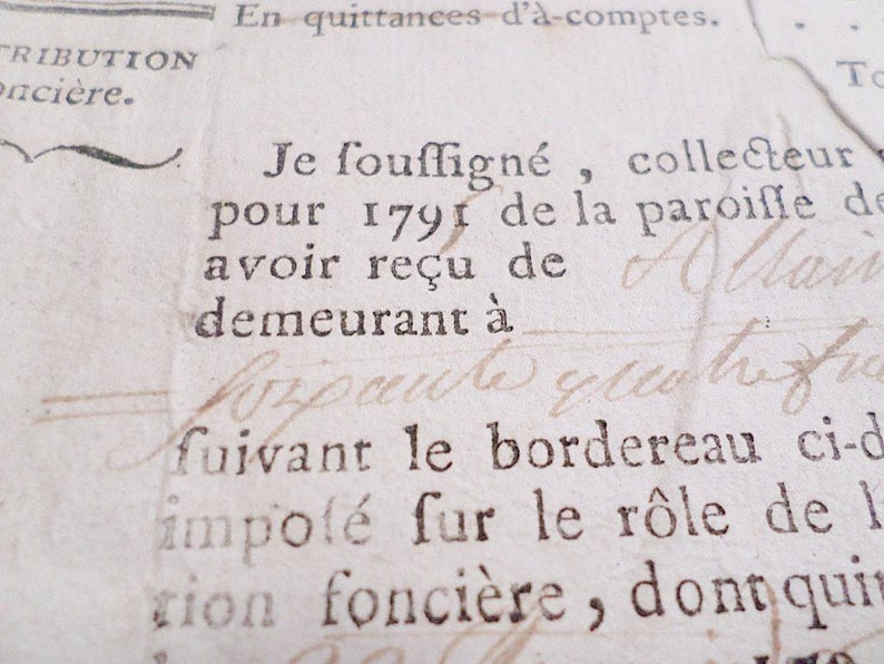 Ancien document juridique Reçu fiscal local 1 page daté 1795 v878 image 2