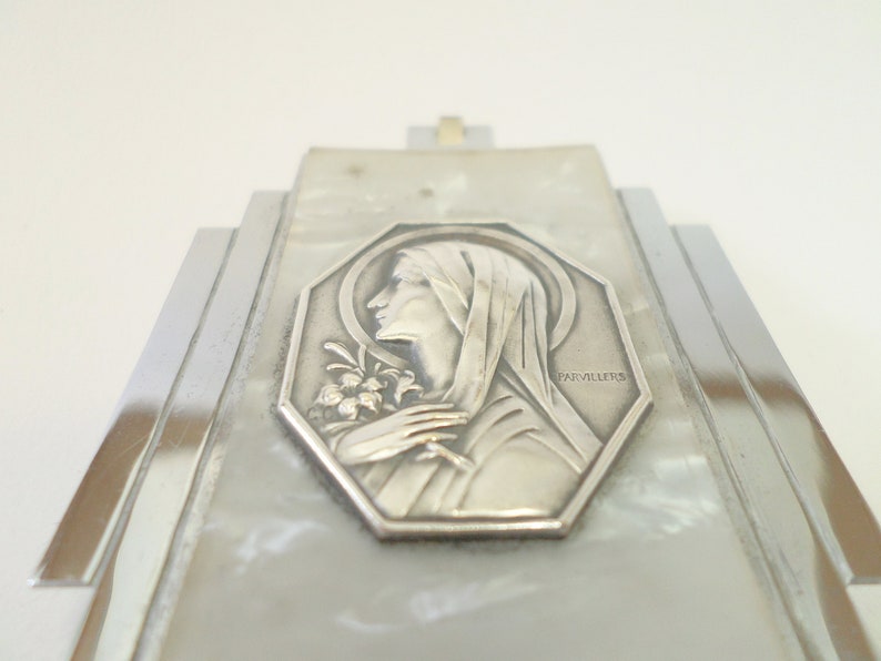 French Antique Religious Jewelry Medal Pilgrimage Notre-Dame de Lourdes Art Deco Souvenir Pendant t493 image 3
