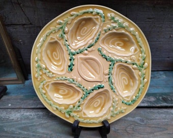 French Vintage yellow and green Faience Oyster Plate x027