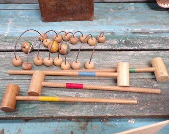 Jeu de croquet miniature vintage français en bois avec boîte d'origine s227