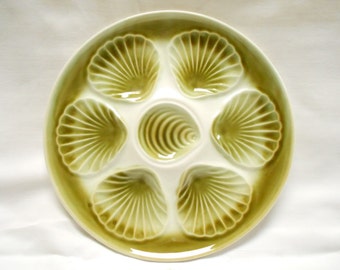 Français vintage Orchies Olive Green & White Faience Oyster Plate t321