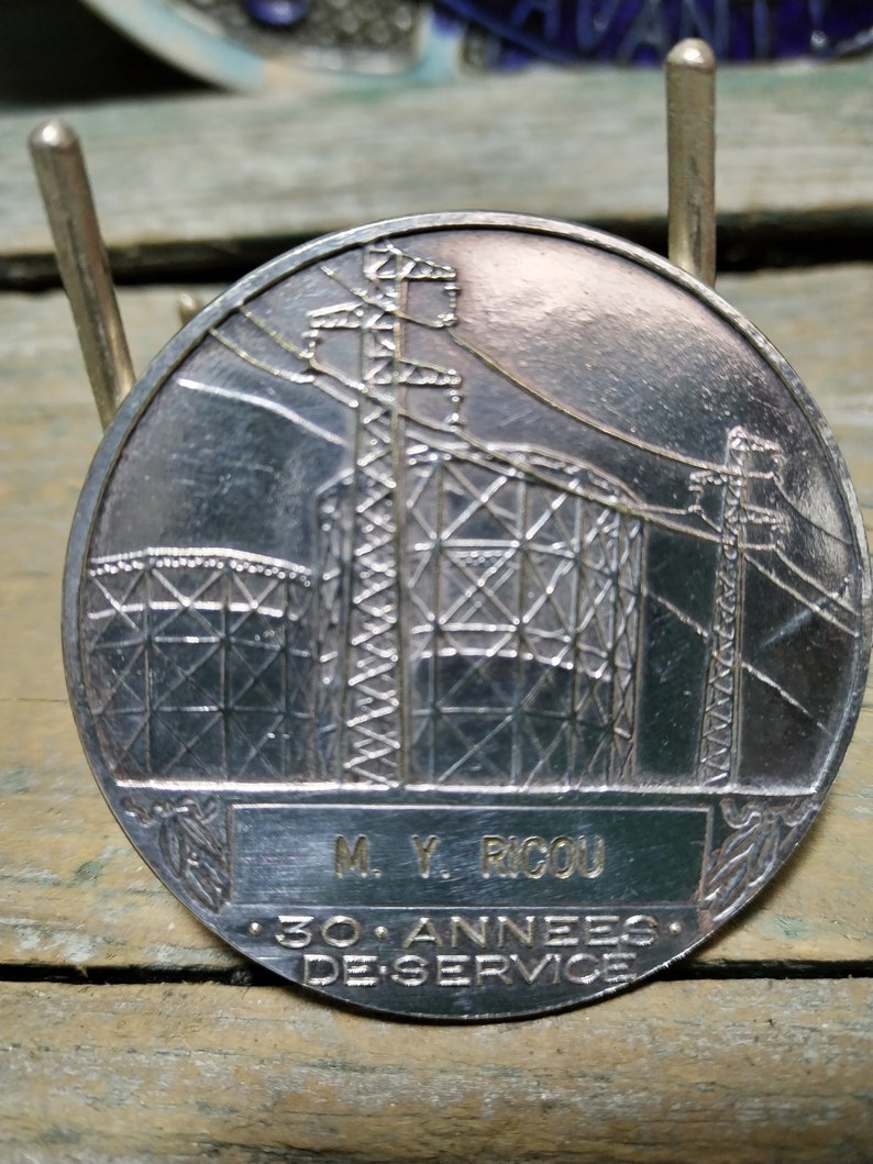 Médaille vintage française d'entreprise d'électricité en métal argenté signée henri Dropsy 1884-1969 x341 image 2