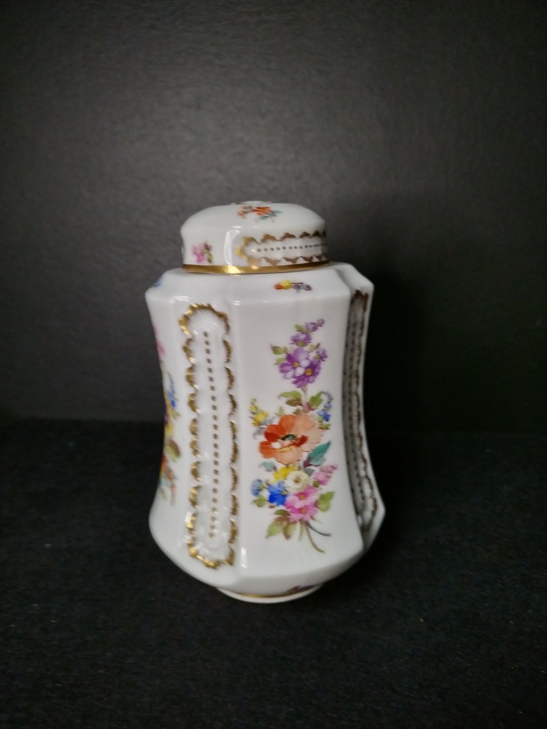 Boîte à thé florale antique en porcelaine peinte à la main, France x379 image 4