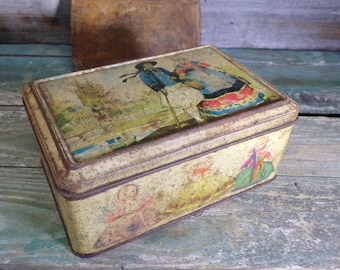 Quimper Tin Box French Vintage Tin Lithograph Box 40s  s595