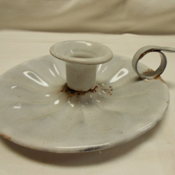 French Vintage White Enamelware Graniteware Scalloped Candleholder (1109S126)