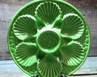 French Vintage Green Barbotine Oyster Plate s988