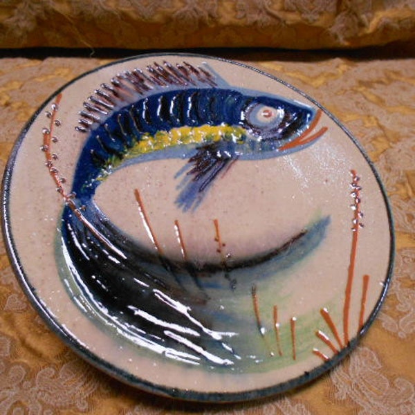 Vintage Terra Cotta Hand Painted Decorative Hanging Fish Plate