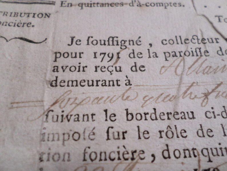 Ancien document juridique Reçu fiscal local 1 page daté 1795 v878 image 3