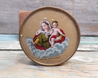 French Religious Antique Cardboard and glass Powder Box s106