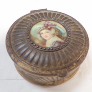 French Antique Spelter Bronze Jewelry Box with Porcelain Medallion s174
