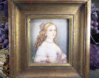 French Antique Miniature Painting Elepnore d'Aquitaine hand painted by M. Petit (z26)