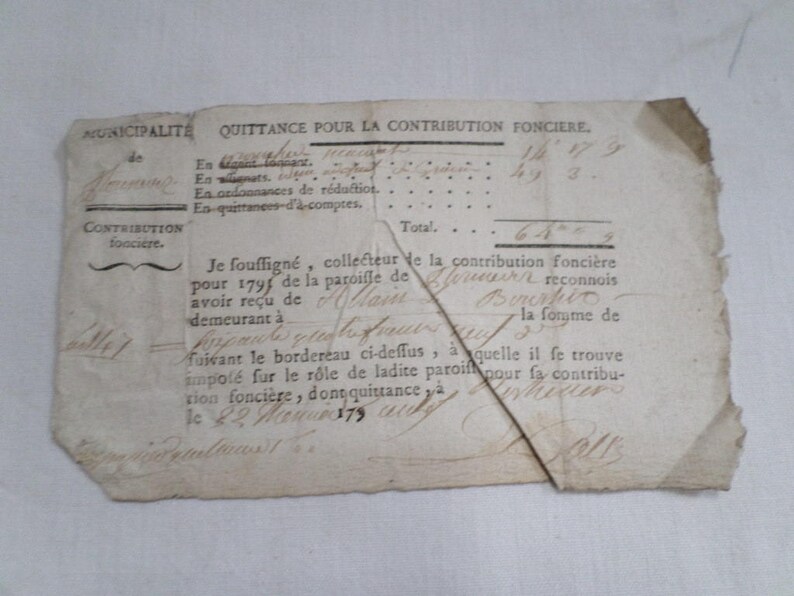 Ancien document juridique Reçu fiscal local 1 page daté 1795 v878 image 7