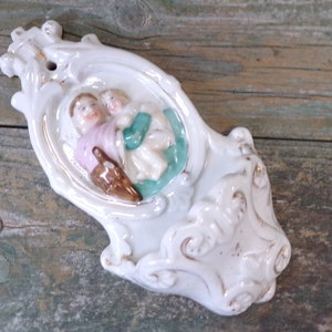 French religious Antique hand painted Porcelain Holy Water Font s424 image 1