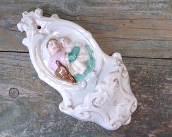 French religious Antique hand painted Porcelain Holy Water Font s424