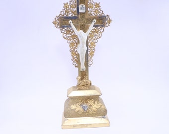 French Antique Gilt and Porcelain crucifix 1800s t386