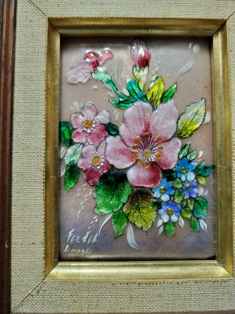 Miniature en émail de Limoges signée Ferdel, peinte à la main sur cuivre avec cadre en bois x355 image 2
