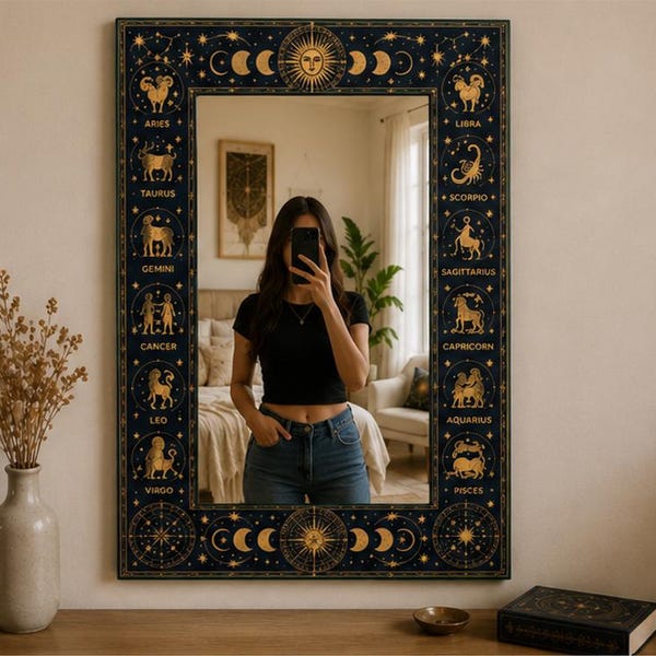 Celestial Zodiac Mirror | Boho Sun Moon Stars Astrology Art