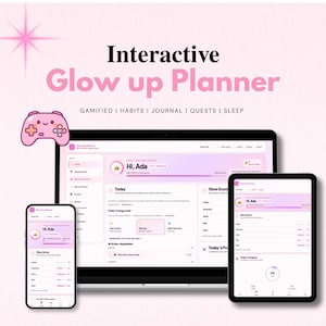 Digital nedladdning av Glow Up-planerare, interaktiv självvårdsplanerare, gamifierad vanerapportering, humör- och sömndagbok, instrumentpanel för välbefinnanderutiner