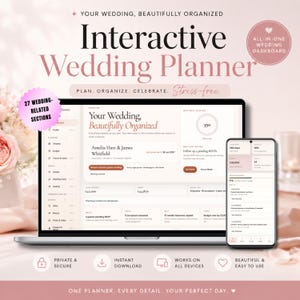 Op de afbeelding: Een laptop en smartphone met een interactieve trouwplanner. De planner helpt bij het plannen, organiseren en vieren van een bruiloft. De tekst op het scherm luidt "Your Wedding, Beautifully Organized".