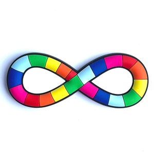 May include: A colorful infinity symbol with a black outline. The symbol is composed of various colored squares, including red, orange, yellow, green, blue, and pink. The design is set against a plain white background.