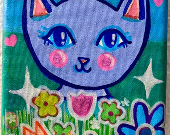 Spring Joy Original Cat Painting | 5x7 Canvas Artwork | Whimsical Floral Art