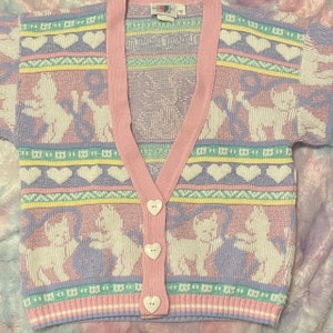 Pastel Heartworks Cat Cardigan RARE Fairy Kei Spank Kei Medium Women Womens Sweater Top Vintage Retro 80s 90s eighties nineties