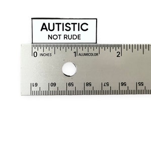May include: A white rectangular button with black text that reads "AUTISTIC NOT RUDE". The button is placed on top of a silver ruler with black markings. The ruler is marked in inches and has a hole in the middle.
