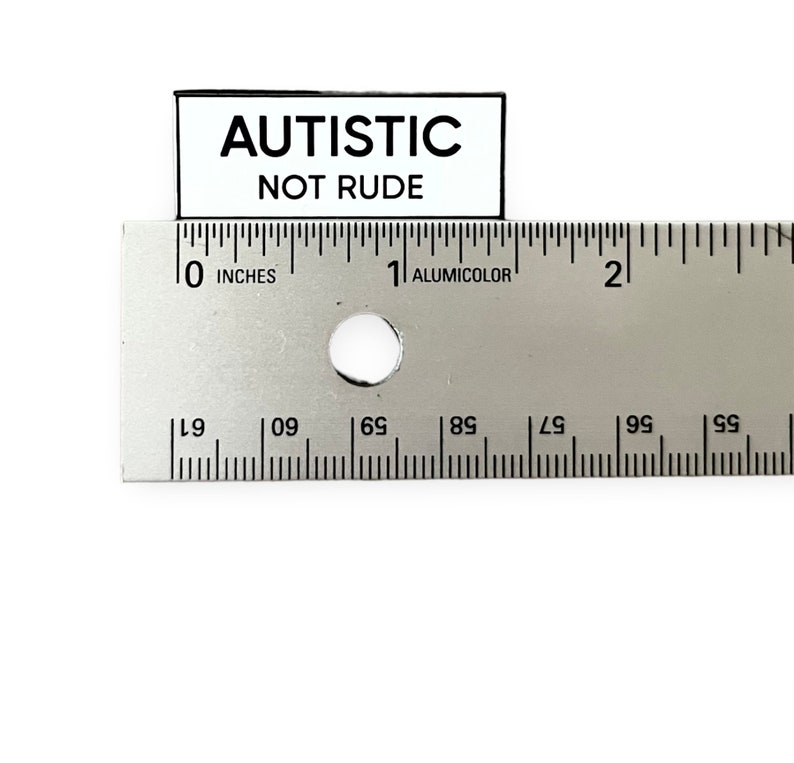 May include: A white rectangular button with black text that reads "AUTISTIC NOT RUDE". The button is placed on top of a silver ruler with black markings. The ruler is marked in inches and has a hole in the middle.