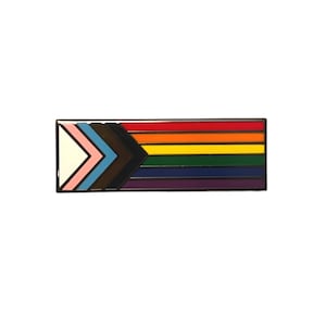 May include: A rainbow pride flag pin with a black, brown, light blue, pink, and white chevron design on the left side. The right side of the pin features the traditional rainbow colours: red, orange, yellow, green, blue, indigo, and violet.