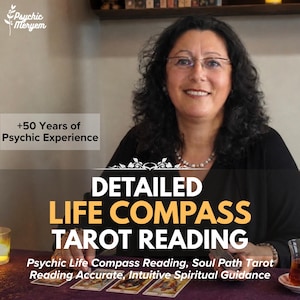 May include: An image featuring a woman with glasses and a pearl necklace, smiling. Text overlay reads "Psychic Meryem" and "+50 Years of Psychic Experience." Below, large text says "DETAILED LIFE COMPASS TAROT READING." Smaller text describes services.