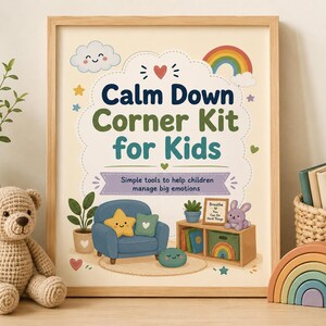 May include: A framed print with the text "Calm Down Corner Kit for Kids" and illustrations of a blue armchair, rainbow, and clouds. A crocheted teddy bear and a wooden rainbow stacker are in front of the frame.
