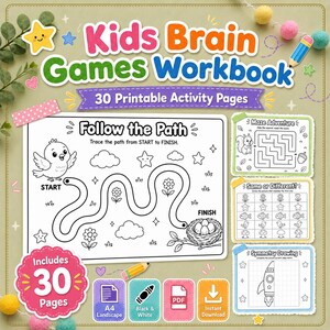 Kids Brain Games Workbook Printable, 30 Cognitive Worksheets, Focus Memory Activities, Visual Scanning, Brain Gym PDF Ages 5-12
