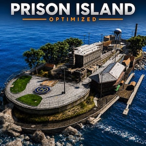 May include: A digital rendering of an island facility labeled PRISON ISLAND OPTIMIZED, featuring a helipad with an H symbol, a large multi-story building, a water tower, and a dock surrounded by deep blue ocean water and rocky shorelines.