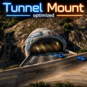 Könnte beinhalten: Eine Luftaufnahme eines Betontunnel-Eingangs in einem felsigen Hügel mit Graffiti-Kunst am Bogen. Zwei blaue Sportwagen fahren auf der Asphaltstraße, die in den Tunnel führt. Der Text Tunnel Mount optimized ist zu sehen.