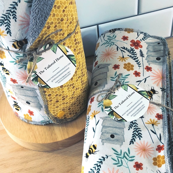 Un / Reusable Snapping Paperless Paper Towels "BEE GARDEN" Sustainable Eco Friendly Cloth Kitchen Hand Dish Towels Yellow Floral