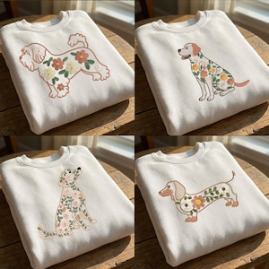 Floral Dog Embroidery Design Bundle, Cute Dog Machine Embroidery Pattern, Instant Download, Dog Lover Gift Design