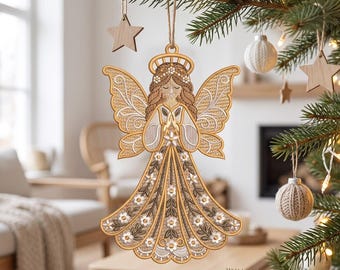 FSL Praying Angel Ornament Gold Floral Freestanding Lace Machine Embroidery Design | Instant Download Digital File