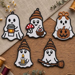 May include: Five embroidered ghost patches featuring white ghosts with black outlines. One holds a coffee cup, one wears a beanie and holds a mushroom basket, one has a bow and pumpkin, one holds a candle, and one holds a broomstick.